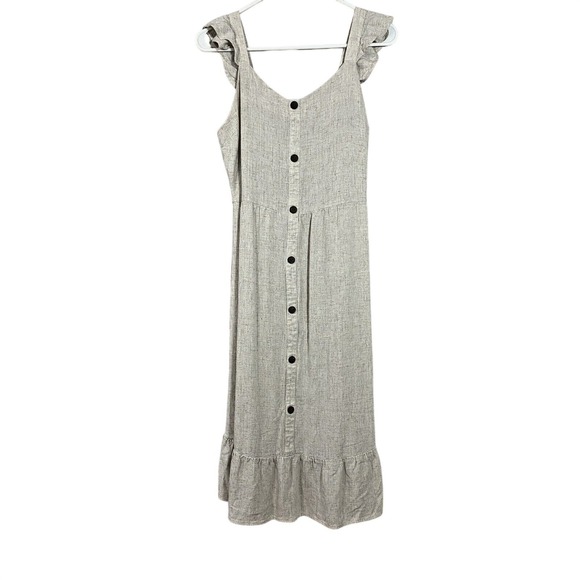Monteau Los Angeles Dresses & Skirts - Monteau Los Angeles Beige‎ Linen Blend Ruffle Strap Button Front Midi Dress L